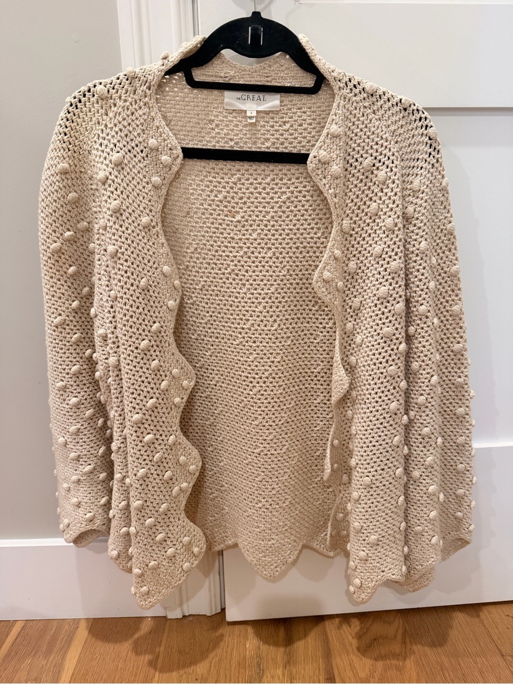 THE GREAT. Cream Popcorn Knit Scalloped Edge Open Sweater Cardigan